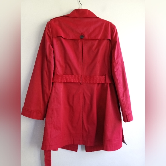 DKNY Women Red Button Down w/Belted Tie Rain/Trench Midi Coat size XL - Picture 6 of 12